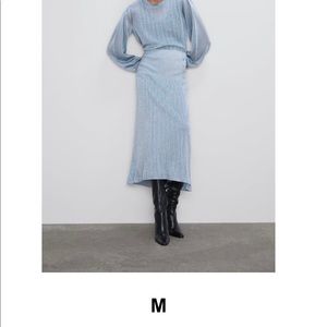 Zara Sparkly Light Blue knit Blouse & Long skirt set. Metallic silver thread